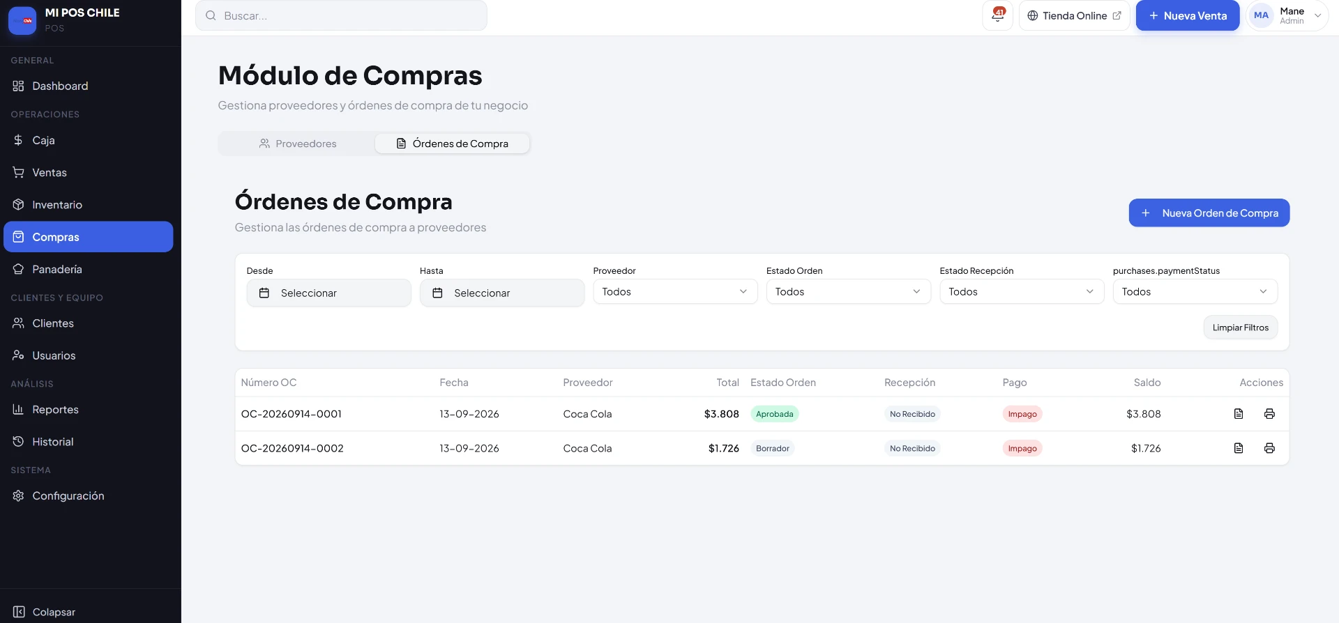 Módulo de compras y órdenes de compra de MiPOS