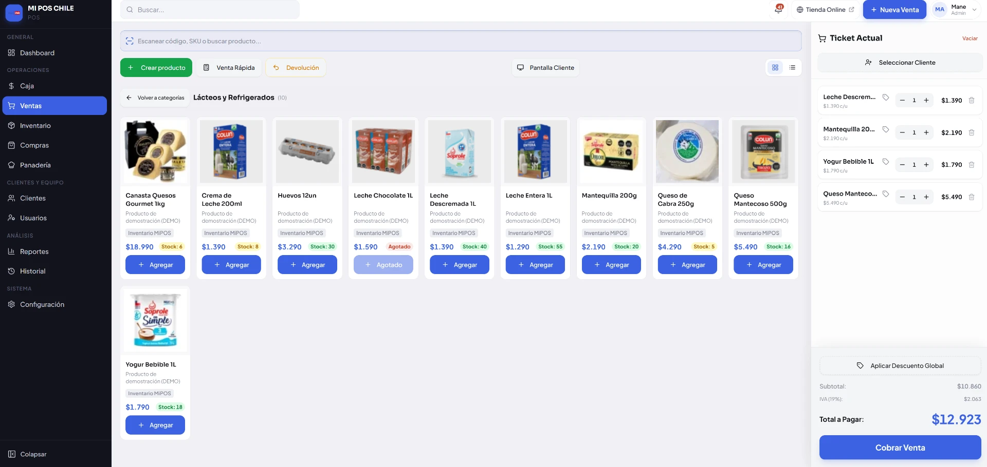 Pantalla de ventas y caja de MiPOS